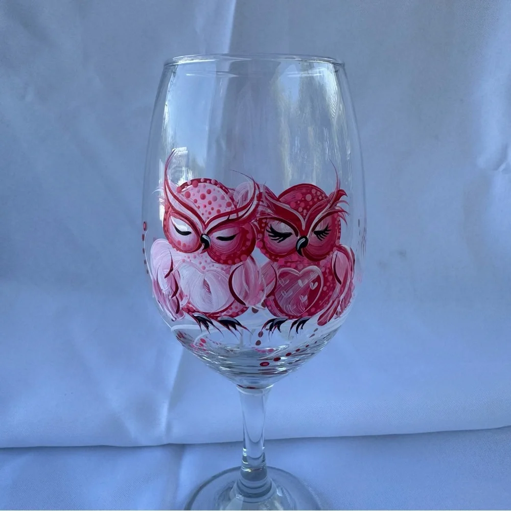 Owl Design Wine Glass with Pink Accents